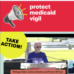 Michael Daeschlein in a purple "Protect our Medicaid" shirt, speaking at the podium of the vigil.